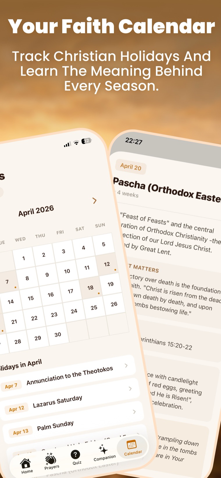 PrayMe faith calendar showing April with Christian holidays such as Palm Sunday and Pascha