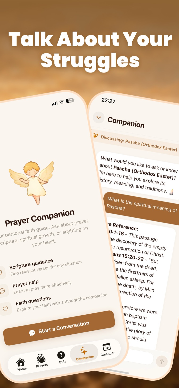 PrayMe Prayer Companion chat screen answering a question about a Bible passage